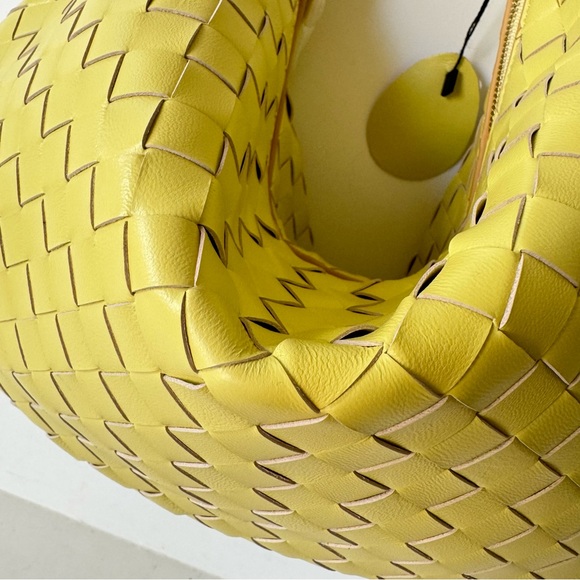 Yellow Intrecciato Woven Half Moon Leather Clutch Wristlet Top Handle Bag - Picture 4 of 16